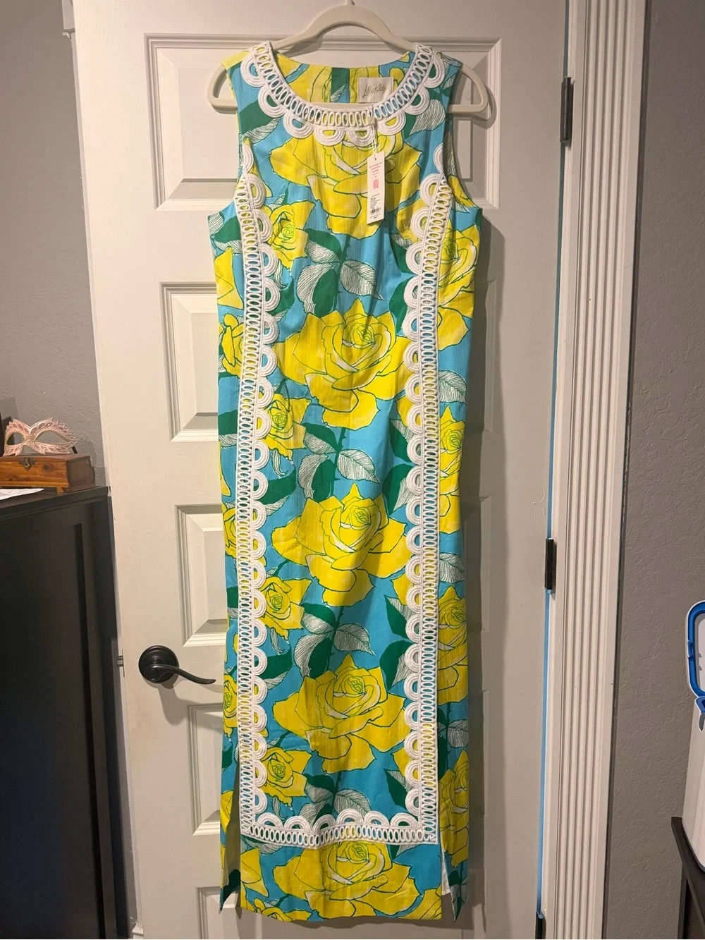 Lilly Pulitzer Lotta Stretch Maxi Shift Dress Blue Curacao Rose Bud Size 8 NWT